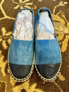 Tory Burch Blue Denim and Black Leather Espadrilles